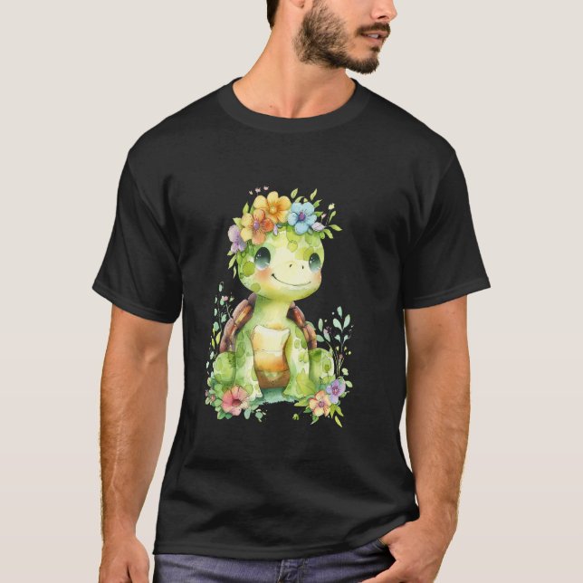 T-shirt tortue avec des fleurs mignonnes tortues bouclées  (Devant)
