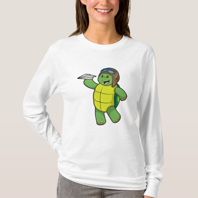 T-shirt Tortue comme pilote avec avion en papier (Devant)