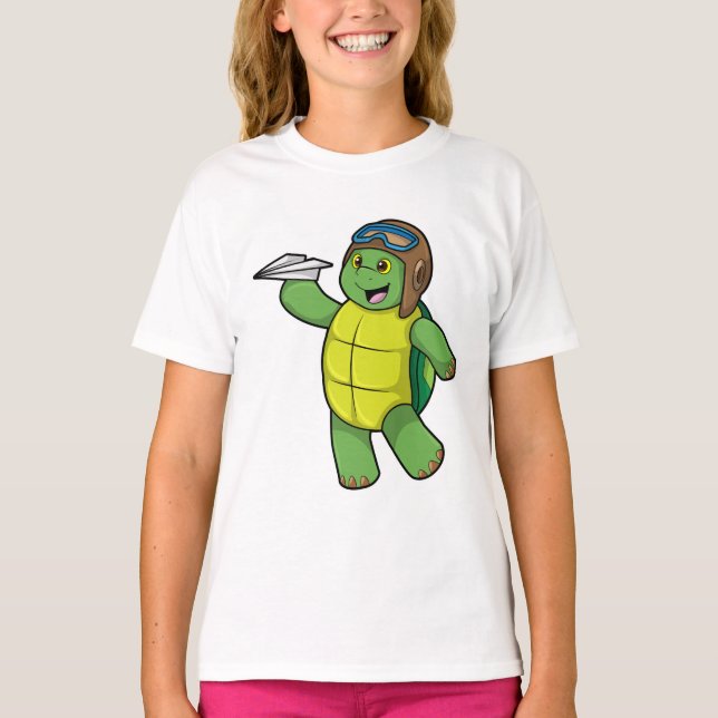 T-shirt Tortue comme pilote avec avion en papier (Devant)