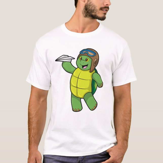 T-shirt Tortue comme pilote avec avion en papier (Devant)