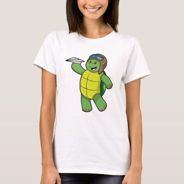 T-shirt Tortue comme pilote avec avion en papier (Devant)