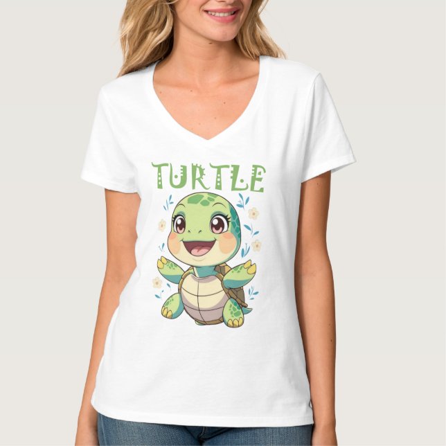 T-shirt Tortue de mer adorable avec des fleurs (Devant)