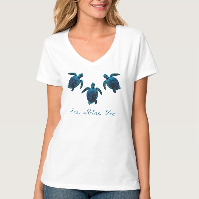 T-shirt tortue de mer, dessin numérique bleu (Devant)