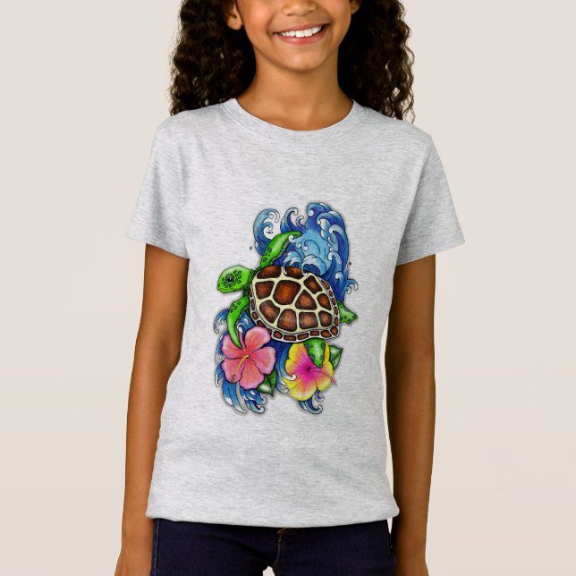 T-Shirt Tortue de mer tropicale et Hibiscus (Devant)
