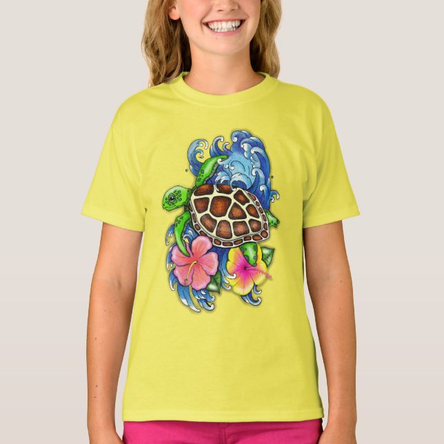 T-shirt Tortue de mer tropicale et Hibiscus (Devant)