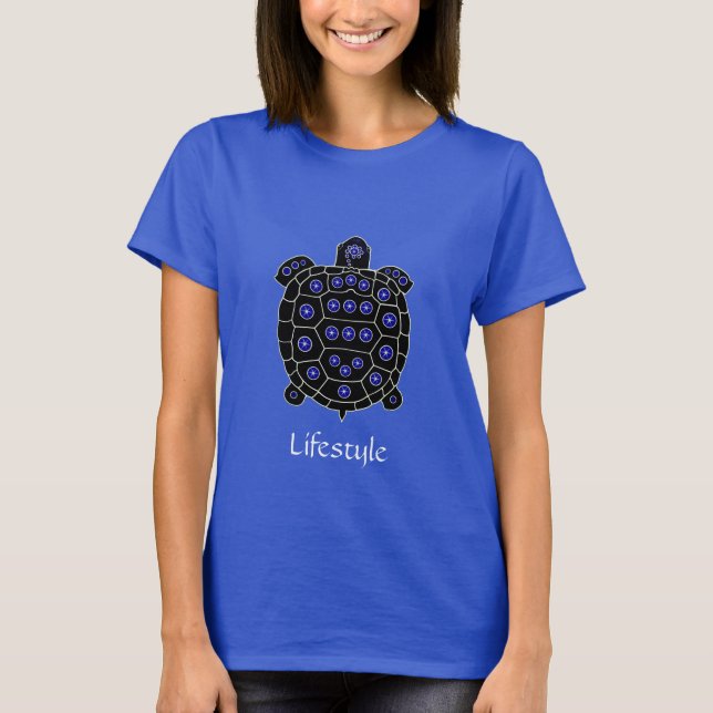 T-shirt Tortue noire ornée de saphirs étoiles (Devant)