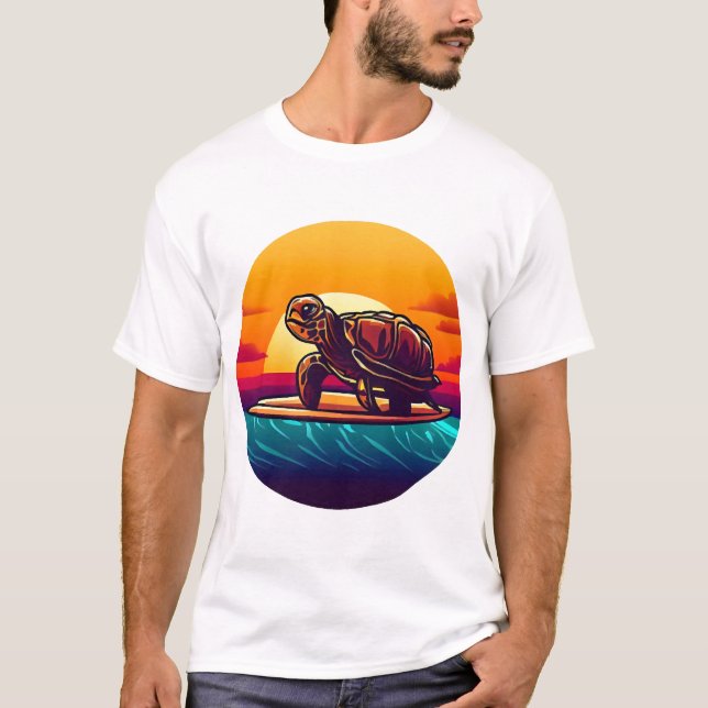 T-shirt Tortue sur planche de surf Coucher de soleil (Devant)
