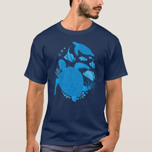 T-shirt Tortues Nager Sous L'Eau Avec Poissons (Devant)