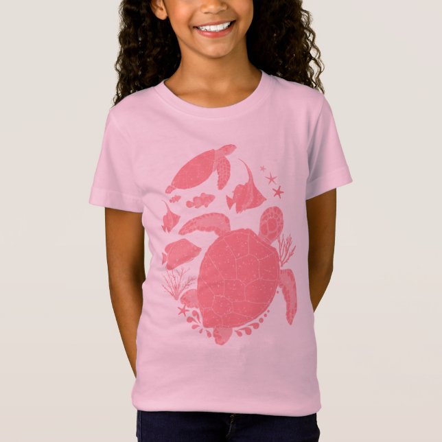 T-Shirt Tortues roses mignonnes et poissons Océan Imprimer (Devant)