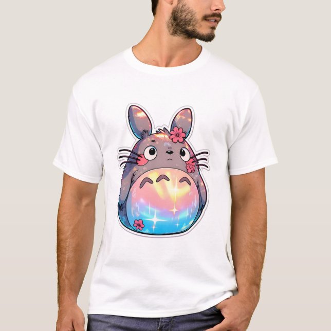 T-shirt Totoro with Rainbow Belly and Flowers Cute Whimsic (Devant)