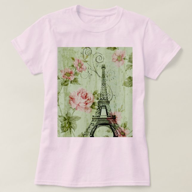 T-shirt tour de l' eiffel de paris à fleurs roses de print (Design devant)