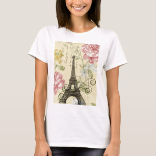 T-shirt Tour Eiffel vintage floral Girly moderne de Paris