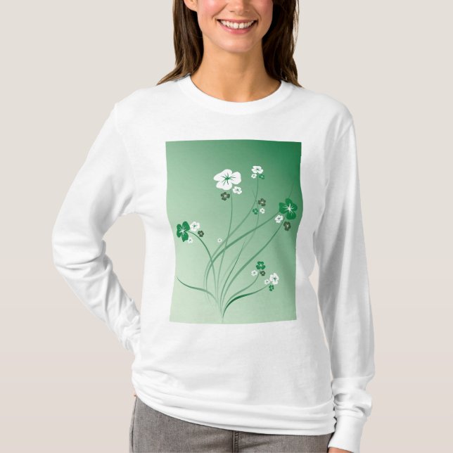T-shirt Tourbillons Floraux Verts et Fleurs Blanches (Devant)
