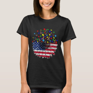 T-shirt Tournesol Américain Drapeau Et Pluzaine D'Autisme