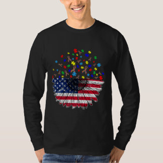 T-shirt Tournesol Américain Drapeau Et Pluzaine D'Autisme