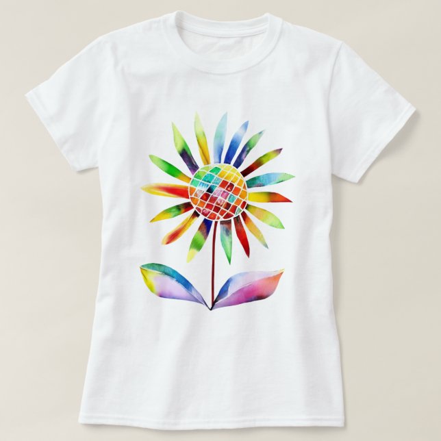 T-shirt Tournesol avec feuilles en couleurs arc-en-ciel (Design devant)