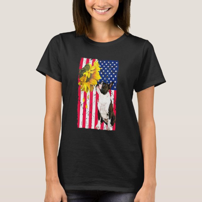 T-shirt Tournesol Drapeau Américain Chien Boston Terrier (Devant)