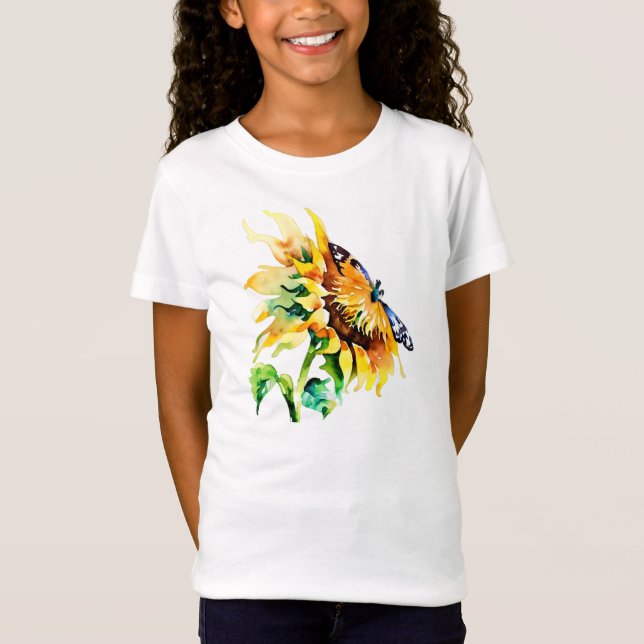 T-Shirt Tournesol et papillon à l'aquarelle (Devant)