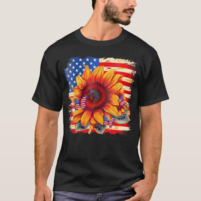 T-shirt Tournesol Papillon Usa Drapeau Amérique V-Cou (Devant)