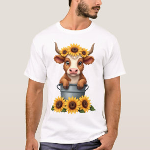 T-shirt Tournesol Vintage Vache Highland dans Seau Floral
