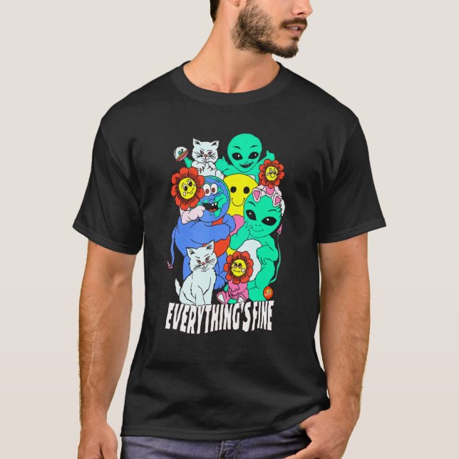 T-shirt Tout Va Bien Chat Alien Fleur Mignonne (Devant)