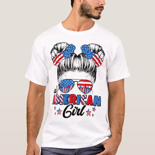 T-shirt Toute American Funny Girl Messy Bun Patriotique 4E (Devant)