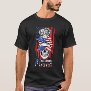 T-shirt Toute American Mama Usa Drapeau Messy Bun Crâne Ma