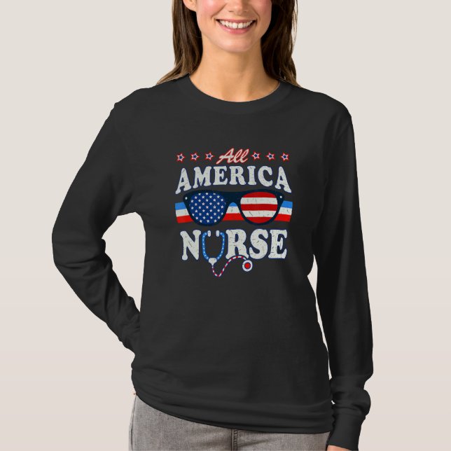 T-shirt Toute l'Amérique Infirmière Stethoscope Us Drapeau (Devant)
