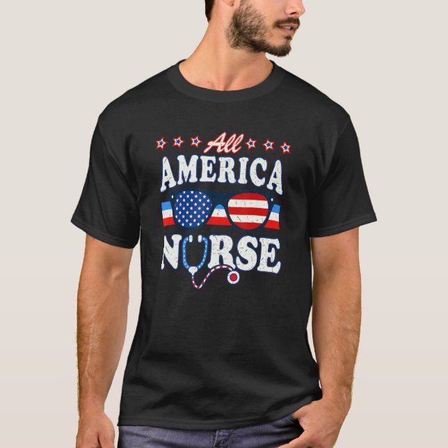 T-shirt Toute l'Amérique Infirmière Stethoscope Us Drapeau (Devant)
