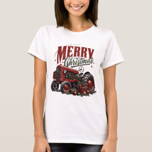T-shirt Tracteur Rouge Vintage Joyeux Noël Fermette