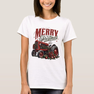 T-shirt Tracteur Rouge Vintage Joyeux Noël Fermette