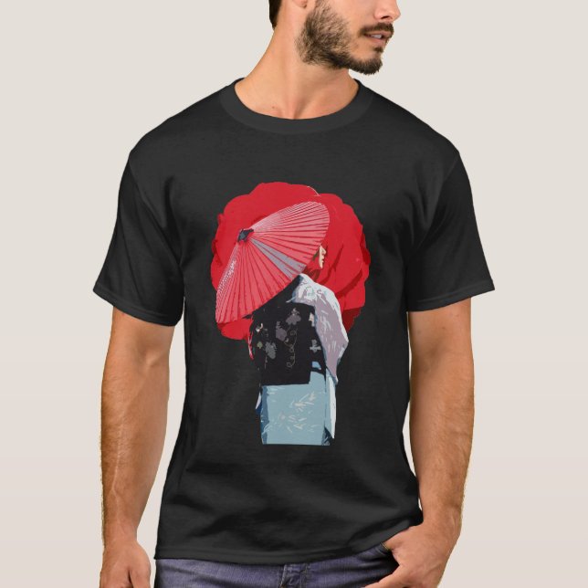 T-shirt Tradicional Vermelho Gueixa Kimono Arte Gráfica (Devant)