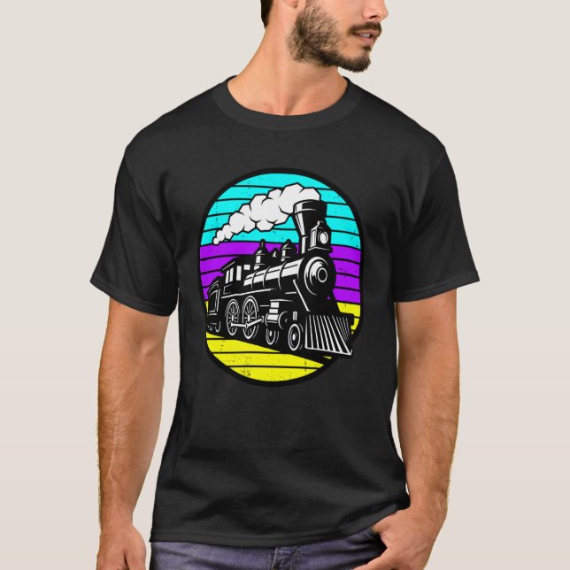 T-shirt Train à locomotive à vapeur Rétro Synthwave 80s Co (Devant)