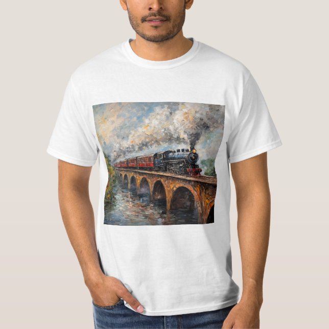 T-shirt Train à vapeur sur un pont - Peinture à l'huile (Devant)