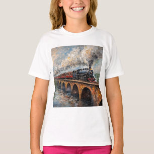 T-shirt Train à vapeur sur un pont - Peinture à l'huile