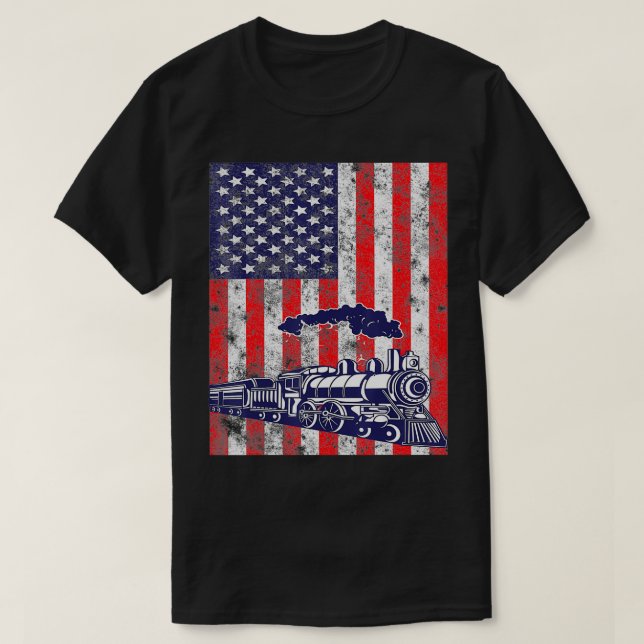T-shirt Train Locomotive Engine USA American Drapeau 4e de (Design devant)