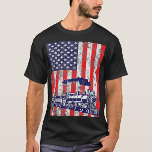 T-shirt Train Locomotive Engine USA American Drapeau 4e de
