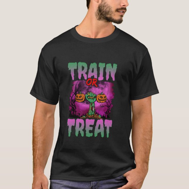 T-shirt Train Ou Traiter Halloween Gym Poids Zombie (Devant)