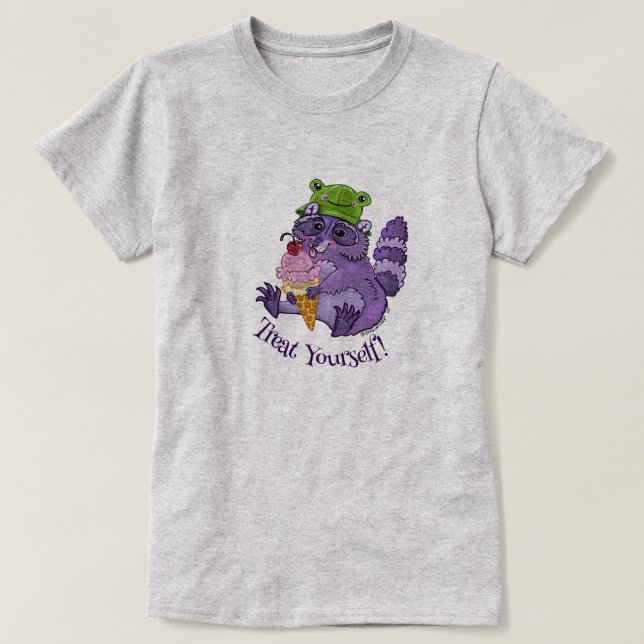 T-shirt Traitez-vous, Raccoon pourpre avec Icecream (Design devant)