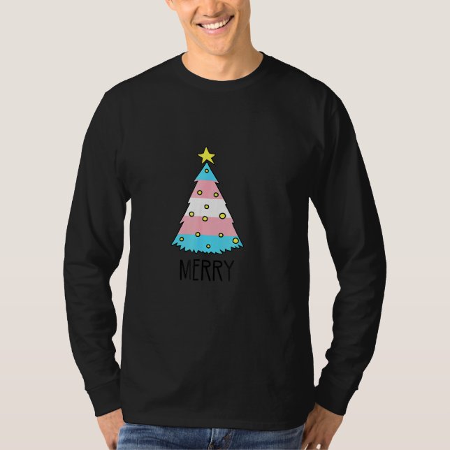 T-shirt Trans Flag Christmas Tree Merry LGBT Transgender (Devant)