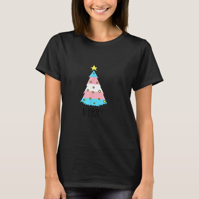T-shirt Trans Flag Christmas Tree Merry LGBT Transgender (Devant)