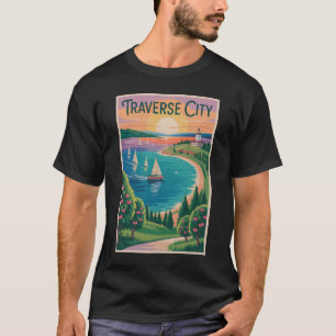 T-shirt Traverse City Lac Michigan Illustration Voyage