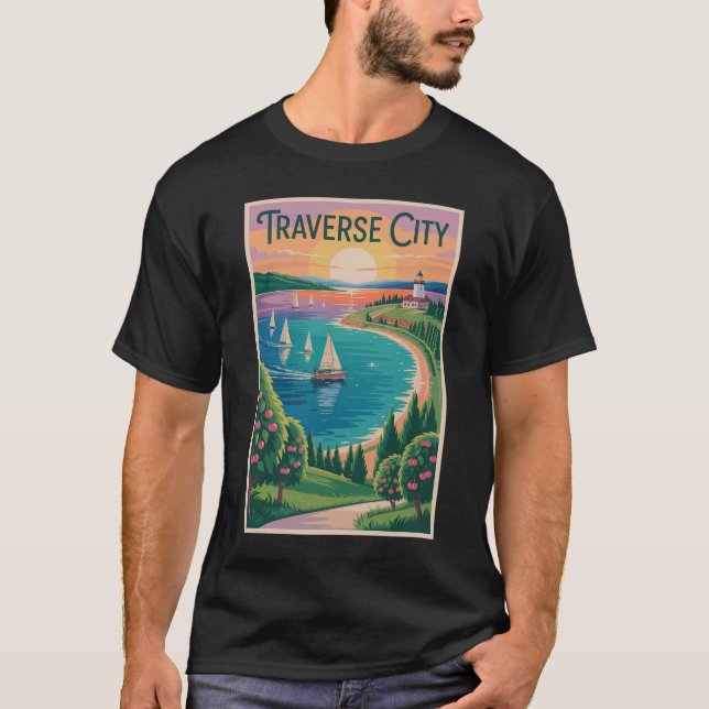 T-shirt Traverse City Lake Michigan Illustration Voyage (Devant)