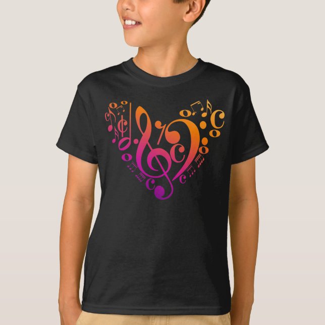 T-shirt Treble Bass Clef Notes musicales Coeur coloré (Devant)