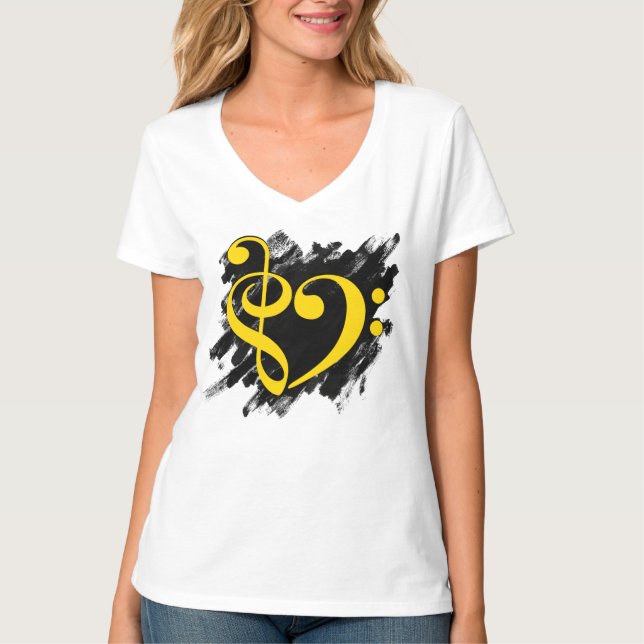 T-shirt Treble et Bass Clef Musical Coeur Jaune (Devant)