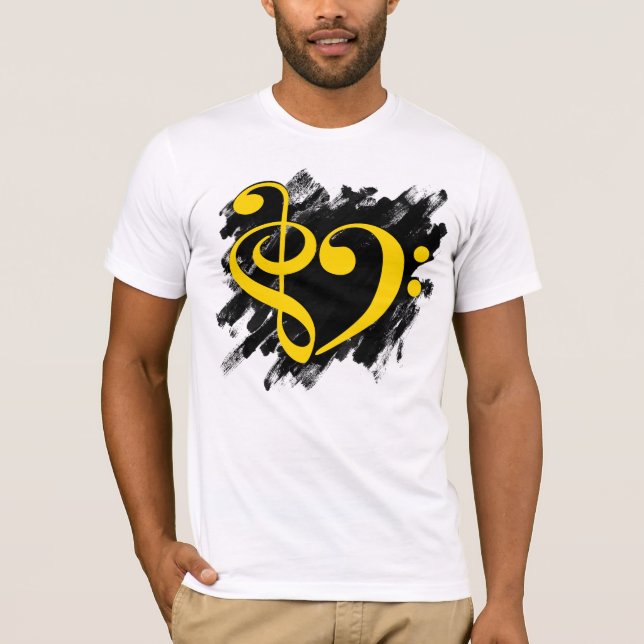 T-shirt Treble et Bass Clef Musical Coeur Jaune (Devant)