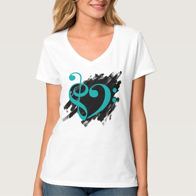 T-shirt Treble et Bass Clef Musical Coeur Turquoise (Devant)