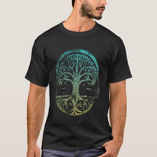 T-shirt Tree of Life wih Moon - Viking Norse Rune Worn (Devant)