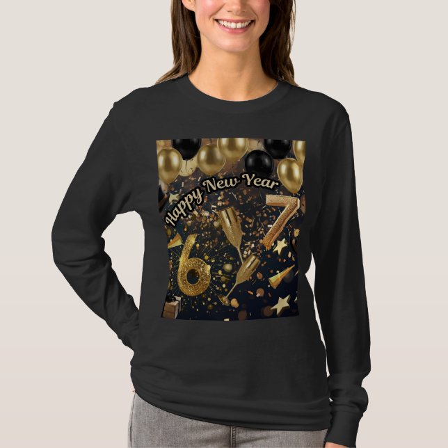 T-shirt Trending Elegant Black & Gold Six Seven New Year  (Devant)