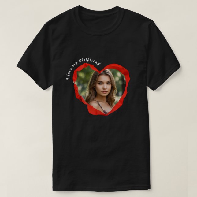 T-shirt Trendy I Love My Girlfriend Red Heart Photo person (Design devant)